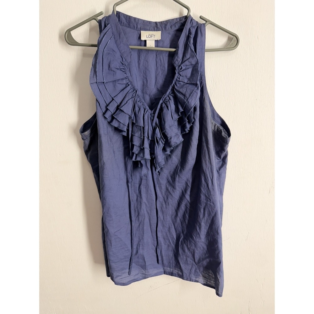 Ann Taylor LOFT Blue Ruffle V-Neck Sleeveless Cotton Blouse Top Large Tie Front